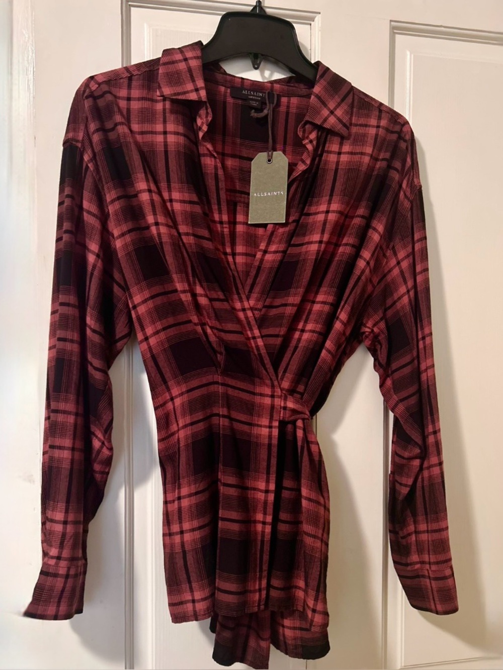 AllSaints Miki Check Shirt Red Plaid Wrap Top